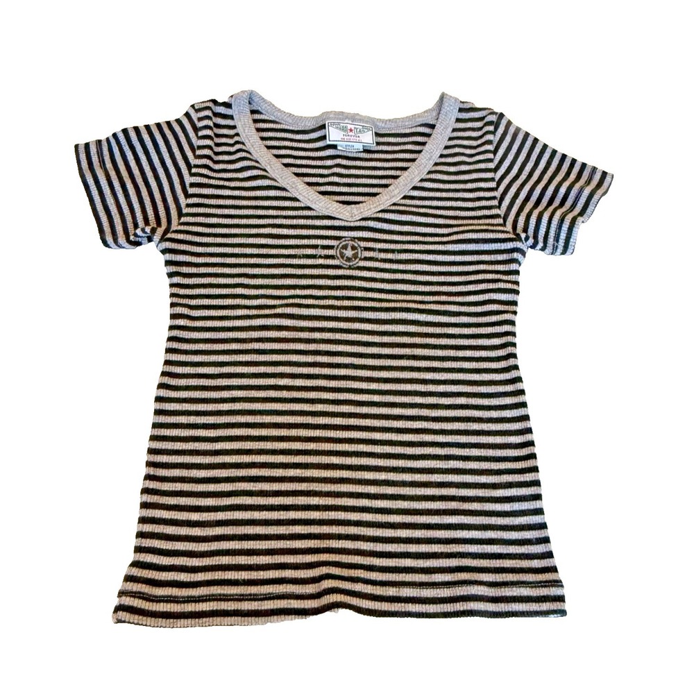 Hard Tail Forever Womens V-Neck‎ Striped Ribbed Stretch Cotton T-shirt; One Size
